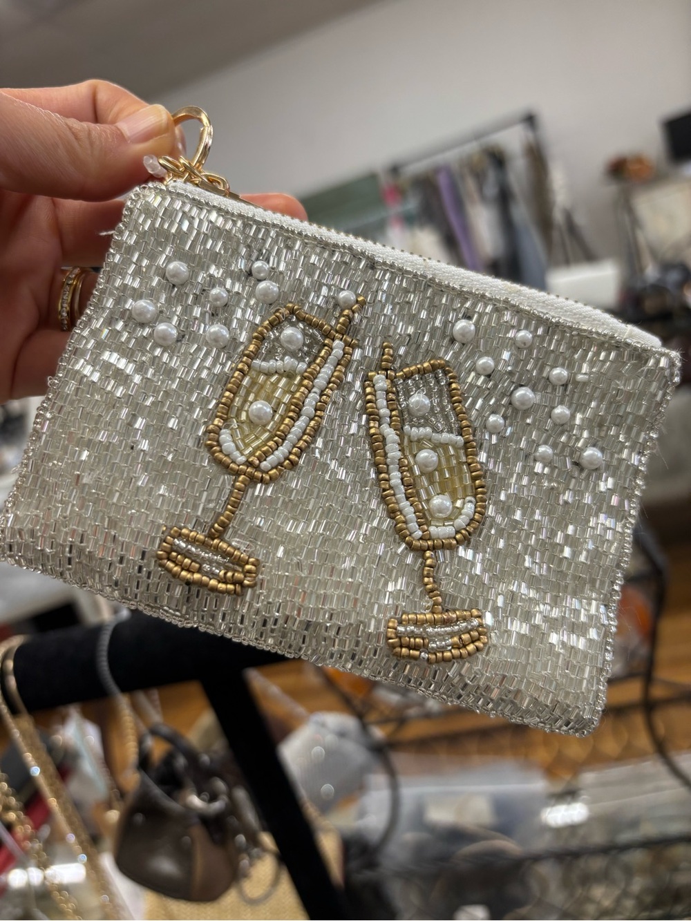 ON 34TH Beaded Silver Champagne Coin bag purse key chain bag charm